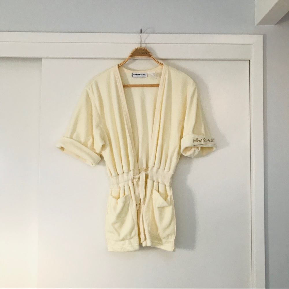 Vintage Sonia Rykiel‎ Paris Cream Velour Cardigan Short Sleeve Waist Tie Size M